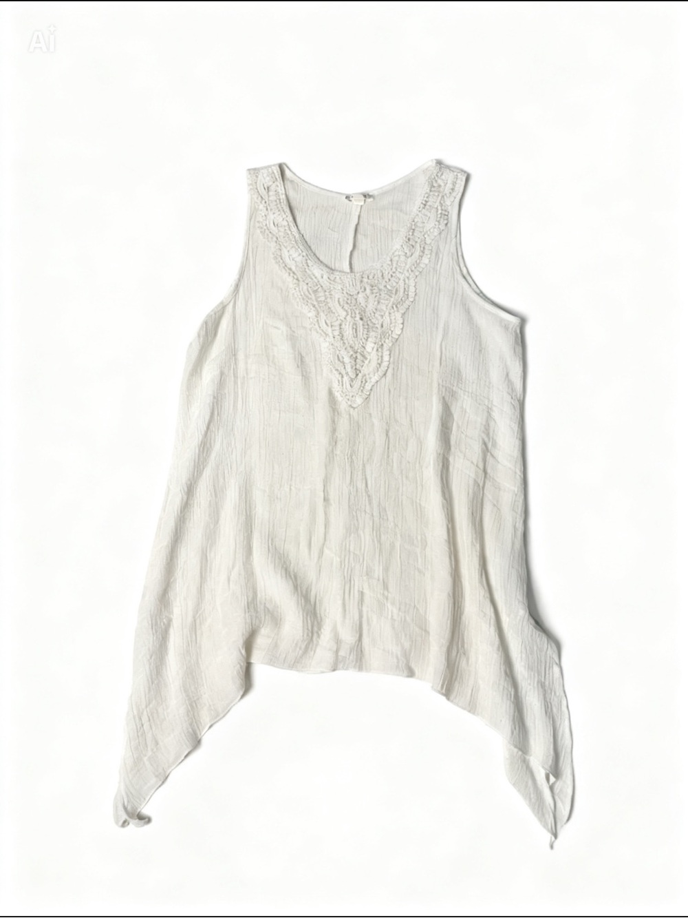 Spense White Crochet-Trim Handkerchief Hem Tank